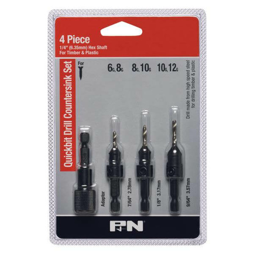 P&N 107B3SET3 Quickbit Pilot Drill Bit & Countersink Set 3 piece + Adaptor - HSS