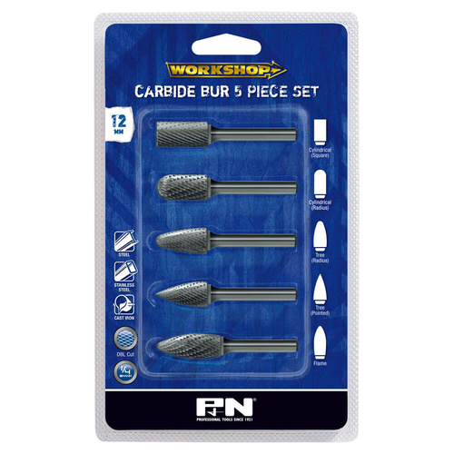 P&N 918CRSET5S Workshop Bur Set 5Pce 1/4" Shank Double Cut VHM Bright