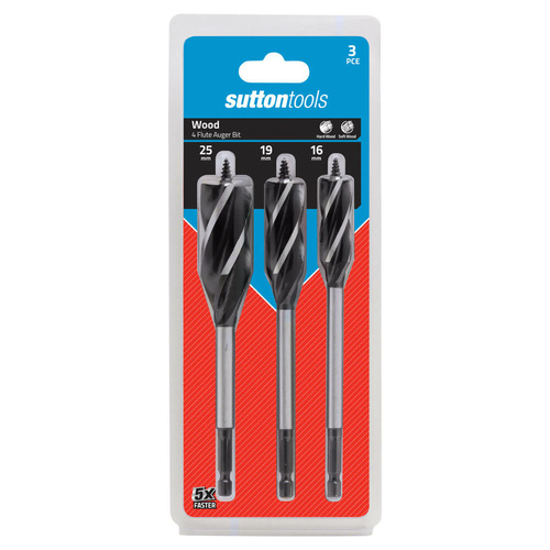 Sutton D5140003 Auger Drill Set 3 piece 4 Flute 16/19/25mm Alloy Steel