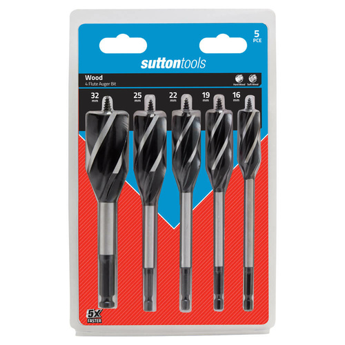 Sutton D5140005 Auger Drill Set 5 piece 4 Flute 16/19/22/25/32 Alloy Steel