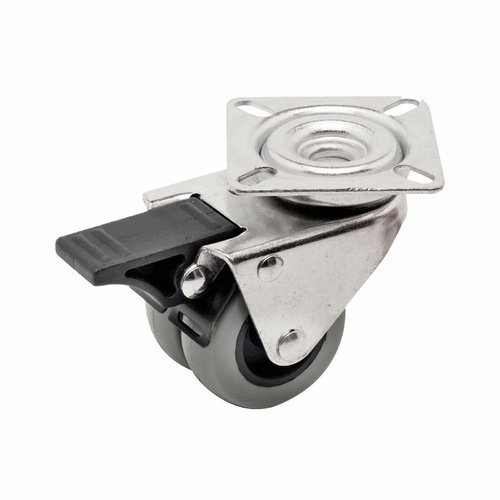 50mm Swivel Plate Castor with Brake - Rubber Twin Wheel Grey G2