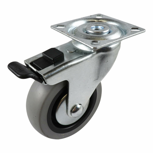 75mm Swivel Plate Castor with Brake - Rubber Wheel Grey G1