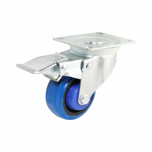 75mm Swivel Plate Castor with Brake - Rubber Wheel Blue I6