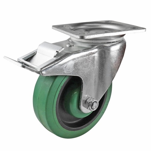 125mm Swivel Plate Castor with Brake - Reflex Rubber Wheel Green I3