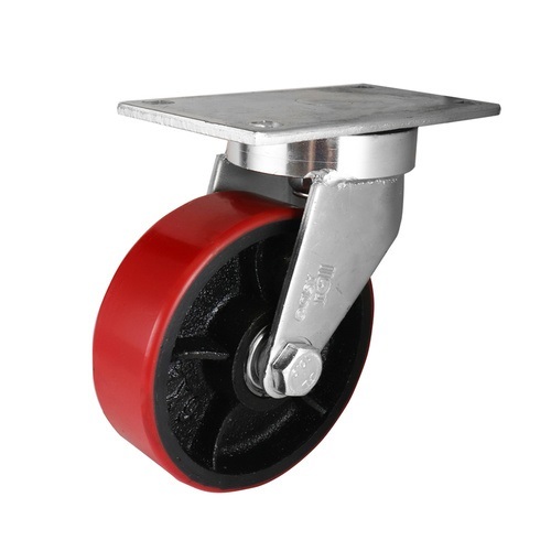 150mm Swivel Plate Castor - Urethane on Cast Iron Wheel Red J7