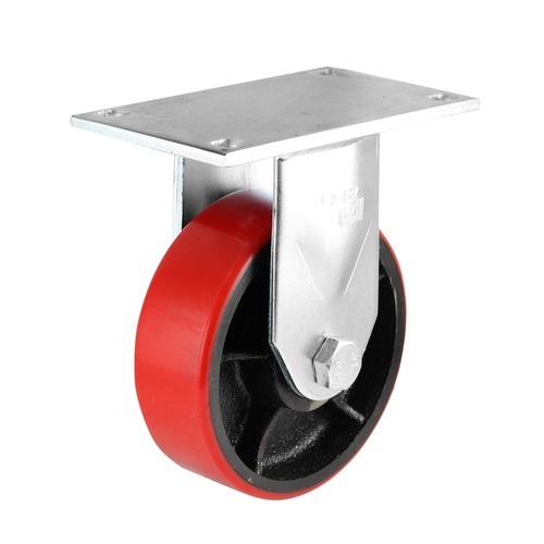 150mm Fixed Plate Castor - Urethane on Cast Iron Wheel Red J7