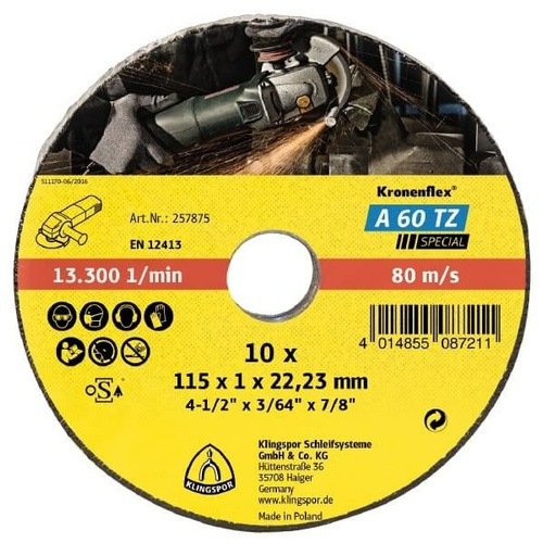 Klingspor Cut Off Wheel Hard A60TZ 115mm x 1 x 22.23 Box of 50 326296