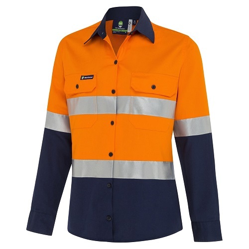 WS Workwear Koolflow Womens Hi-Vis Button-Up Shirt, Orange/Navy -Size 10