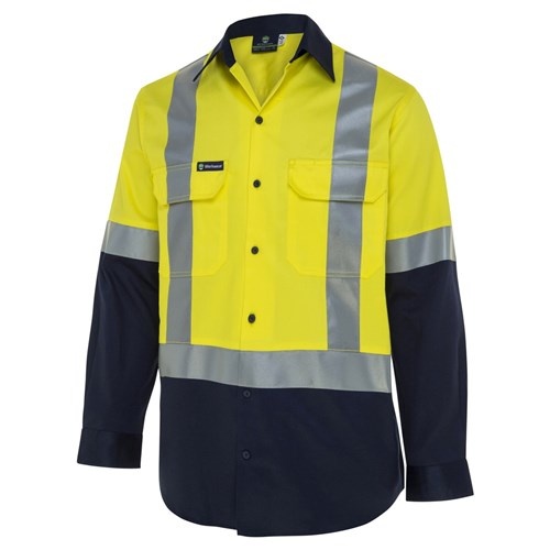 Mens Hi-Vis Button-Up Shirt W/ H-Reflective Tape Yellow/Navy, L