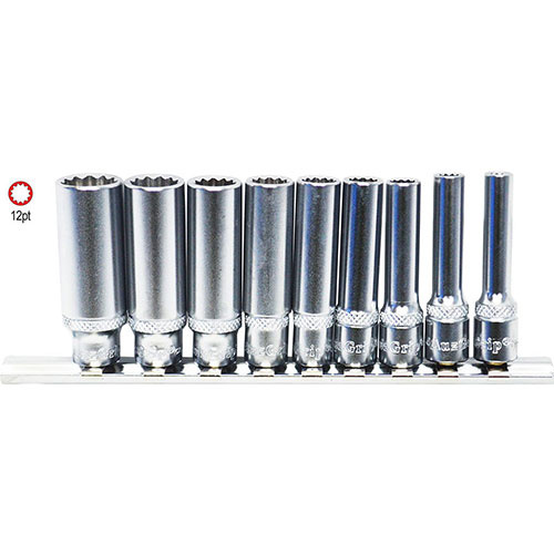 AuzGrip® 1/4" Square Drive 12 Point Deep Socket SAE Set, 9 Pieces