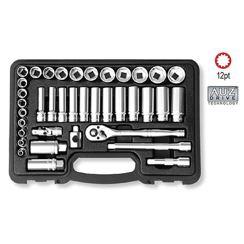 AuzGrip® 3/8'' Sq. Dr. 12 Pt. Deep & Short Socket Metric Set, 38 Pcs.