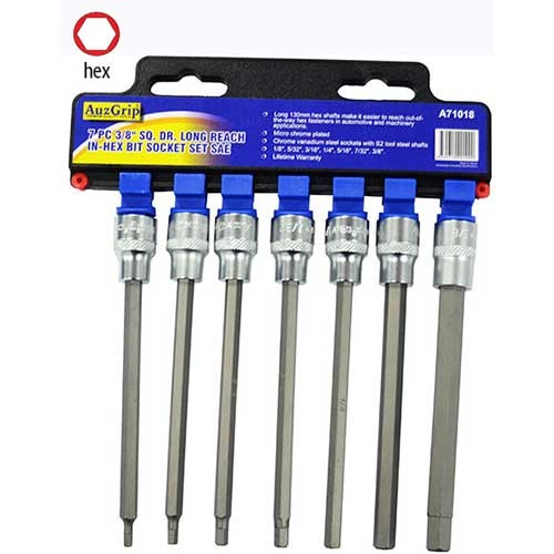 AuzGrip® 3/8" Sq. Dr. Long Reach In-Hex Bit Socket Metric Set, 7 Pcs.