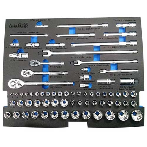 AuzGrip® 1/4", 3/8" & 1/2" 12 Pt. Socket & Accessories Set, 72 Pieces