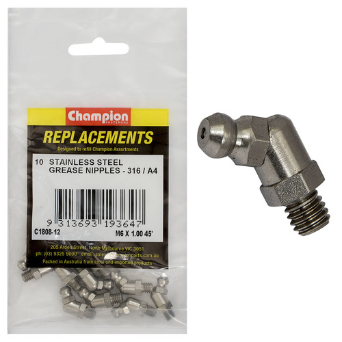 Champion C1808-12 Grease Nipple M6 x 1.00mm 45° Stainless -  10/Pack
