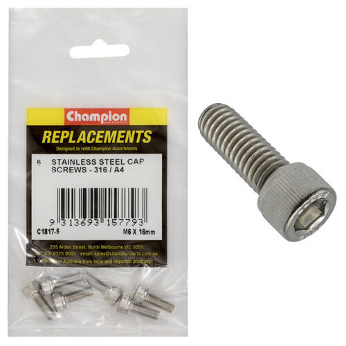Champion C1817-5 M6 x 16mm Socket Head Cap Screw (316) - 6/Pack