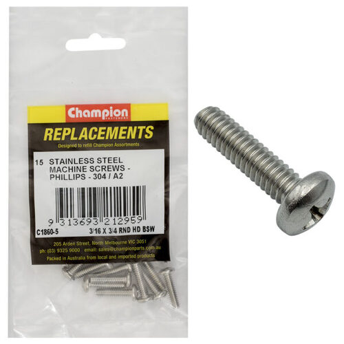 Champion C1860-5 Round Head Machine Screw 3/16 x 3/4" Stainless - 15/Pack