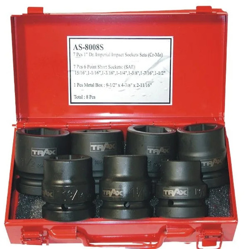 Trax AS-8008S 1" Drive 6PT Deep SAE Impact Socket Set, 7Pc Set