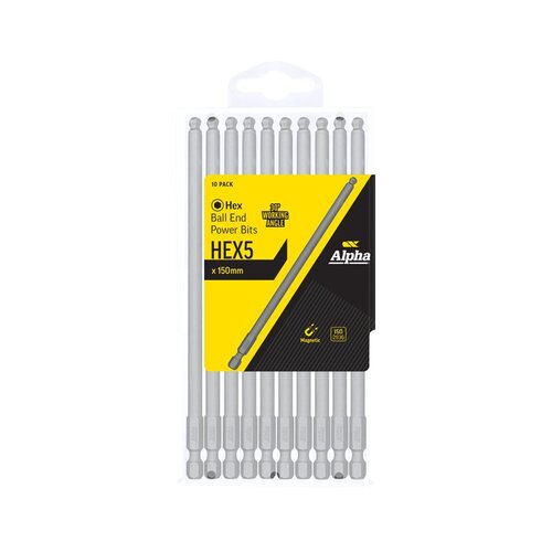 Alpha H5 x 150mm Hex Ball End Power Bit - Handipack 10/Pack
