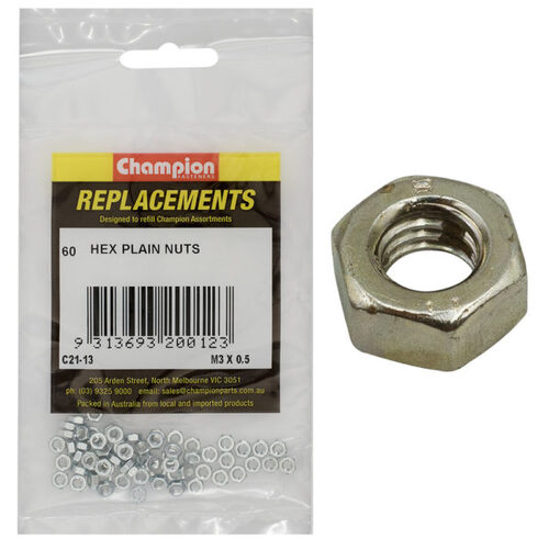 Champion C21-13 Hex Plain Nut M3 x 0.5mm High Tensile Zinc - 60/Pack