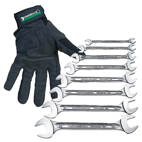 Stahlwille 8Pcs Double Open End Spanner Set And Mechanics Glove (Medium)