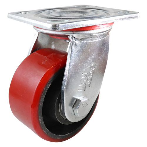 EasyRoll 100mm Red Urethane on Cast Iron Swivel Plate Castor - J2 Series