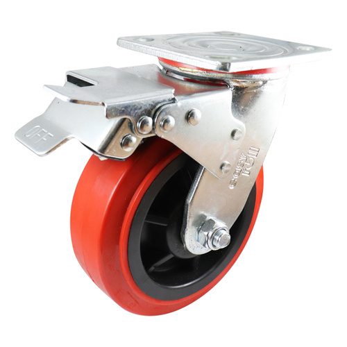 EasyRoll 150mm Red Urethane Swivel Plate Brake Castor - J2 Series