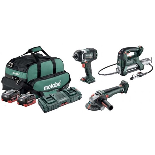 Metabo MET18MX3SB2HD5.5FB 18V Brushless 1/2" Impact Wrench, Grease Gun & 125mm Angle Grinder