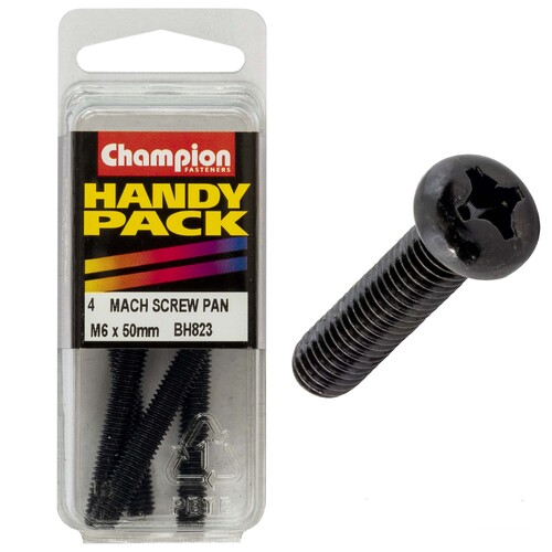 Champion Black Machine Screw Pan Phillips M6 x 50mm Zinc Plated - Box of 20 (5 Packs of 4)