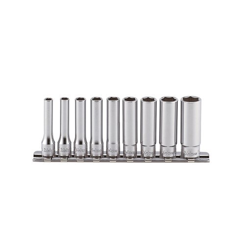 Ko-Ken Deep Socket Set On Rail 1/4" Drive 12Pt 3/16 - 1/2" AF, 9pcs