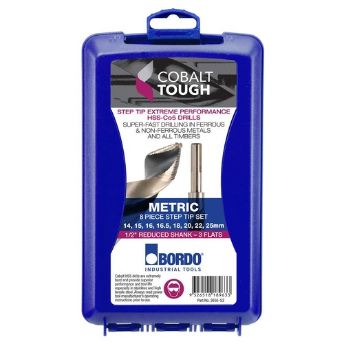 Bordo 14-25mm HSS-Co5 (Cobalt) 1/2" Reduced Shank Step Tip Drill Set, 8pcs