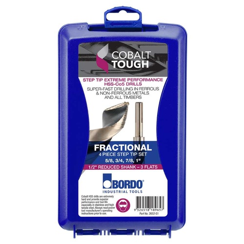 Bordo 5/8-1" HSS-Co5 (Cobalt) 1/2” Reduced Shank Step Tip Drill Set, 4pcs